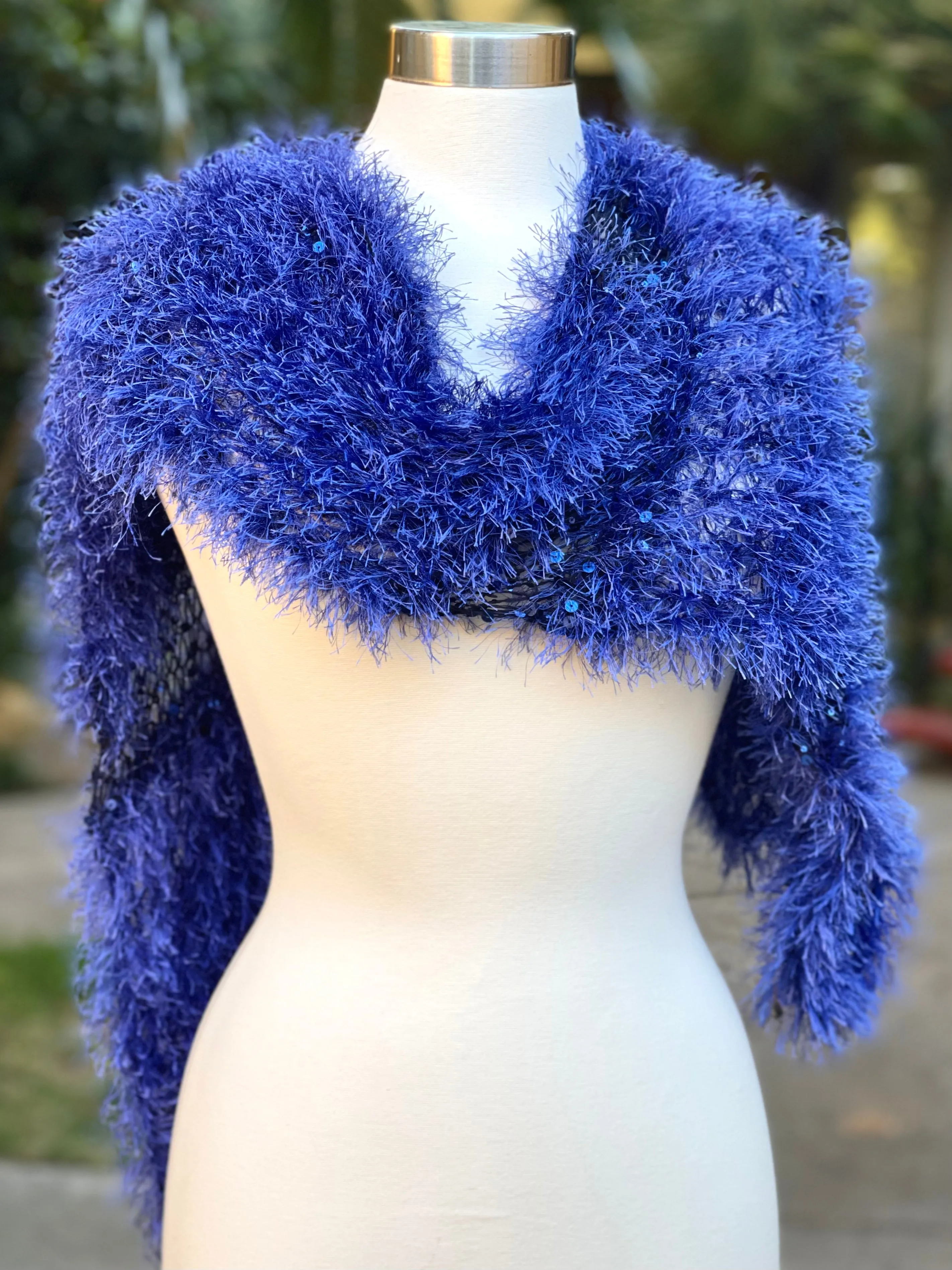 Blue Hand Openwork Knitted Scarf for Women