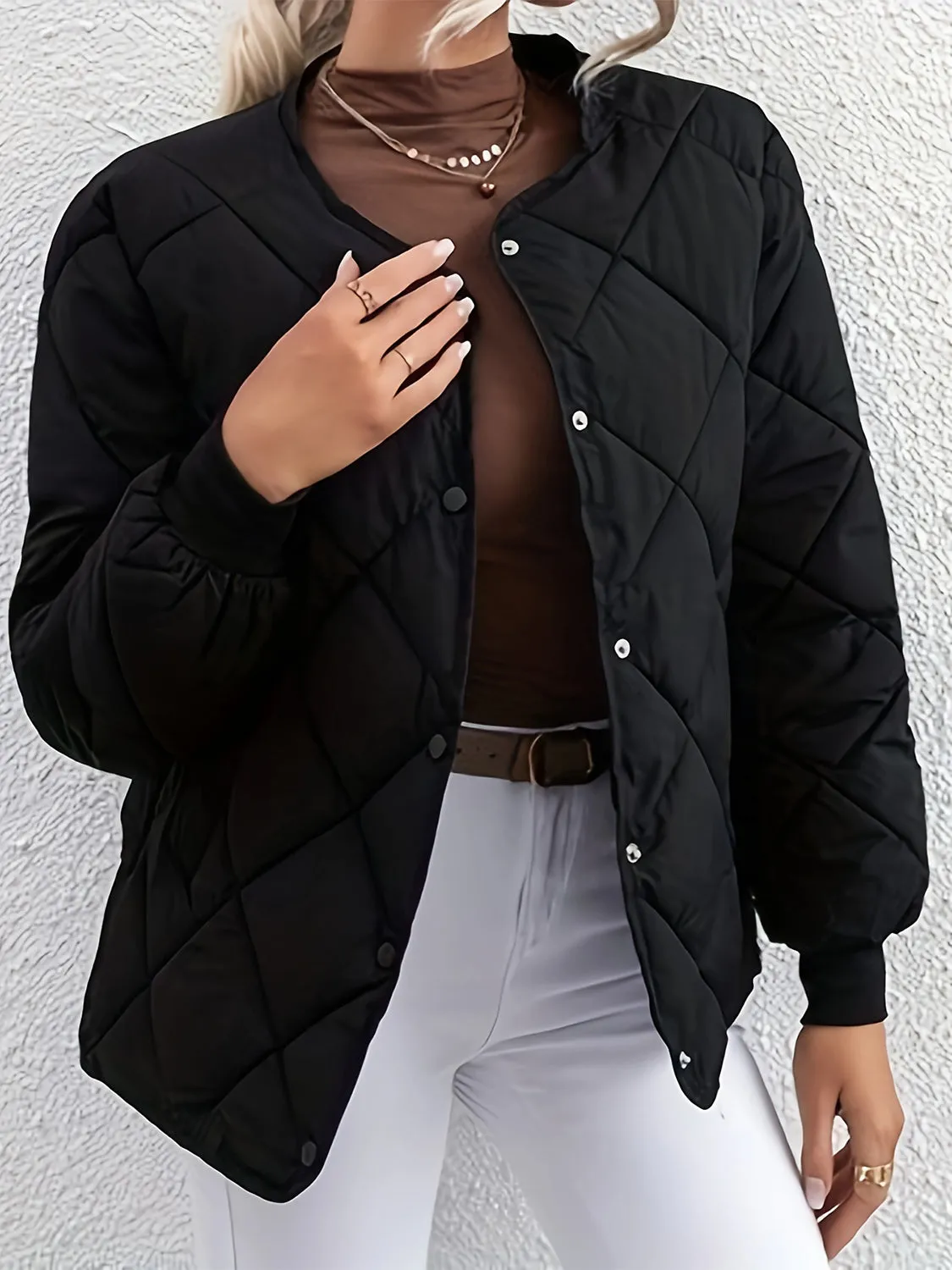 Bubble Texture Snap Down Long Sleeve Winter Coat