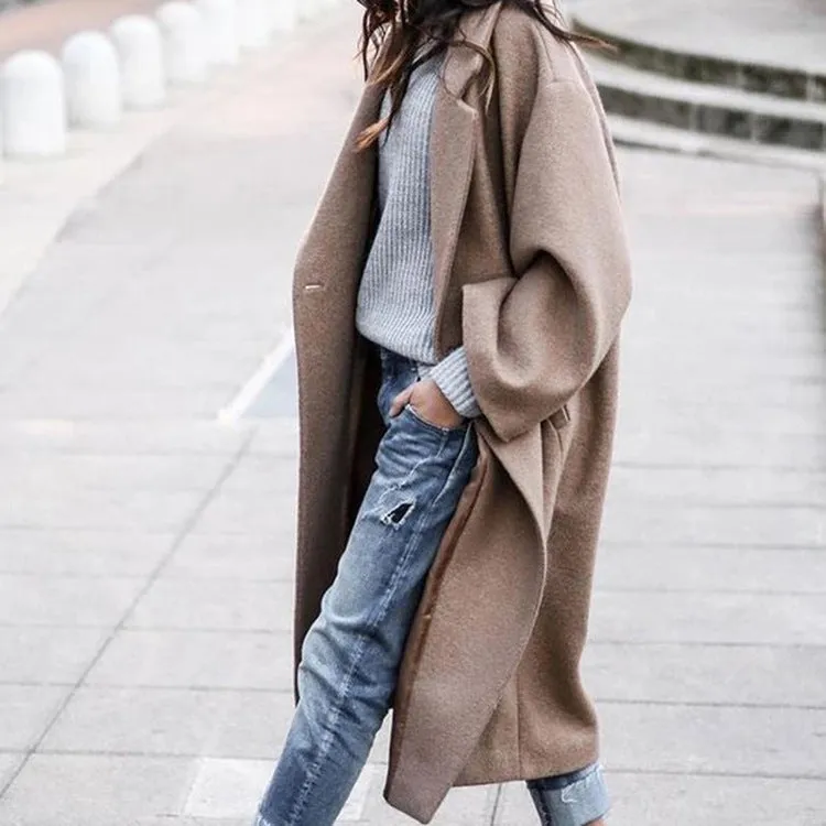 Casual Long Jacket With Pockets Solid Color Single Breasted Lapel Woolen Coat For Women Warm Winter Clothing