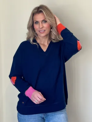 Classic navy boyfriend v-neck sweater with heart intarsia elbows