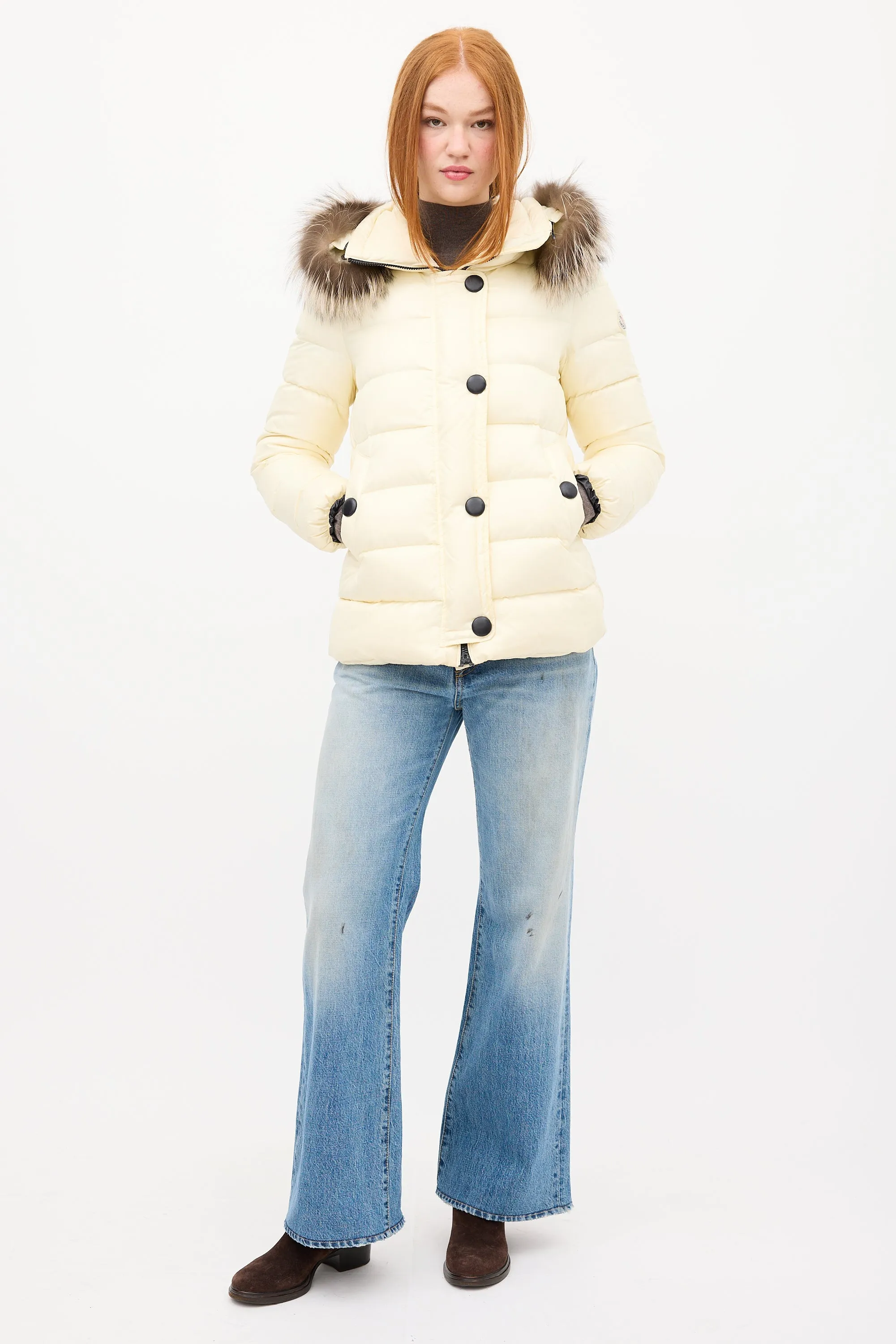 Cream Down & Fur Trim Gelinotte Puffer Jacket