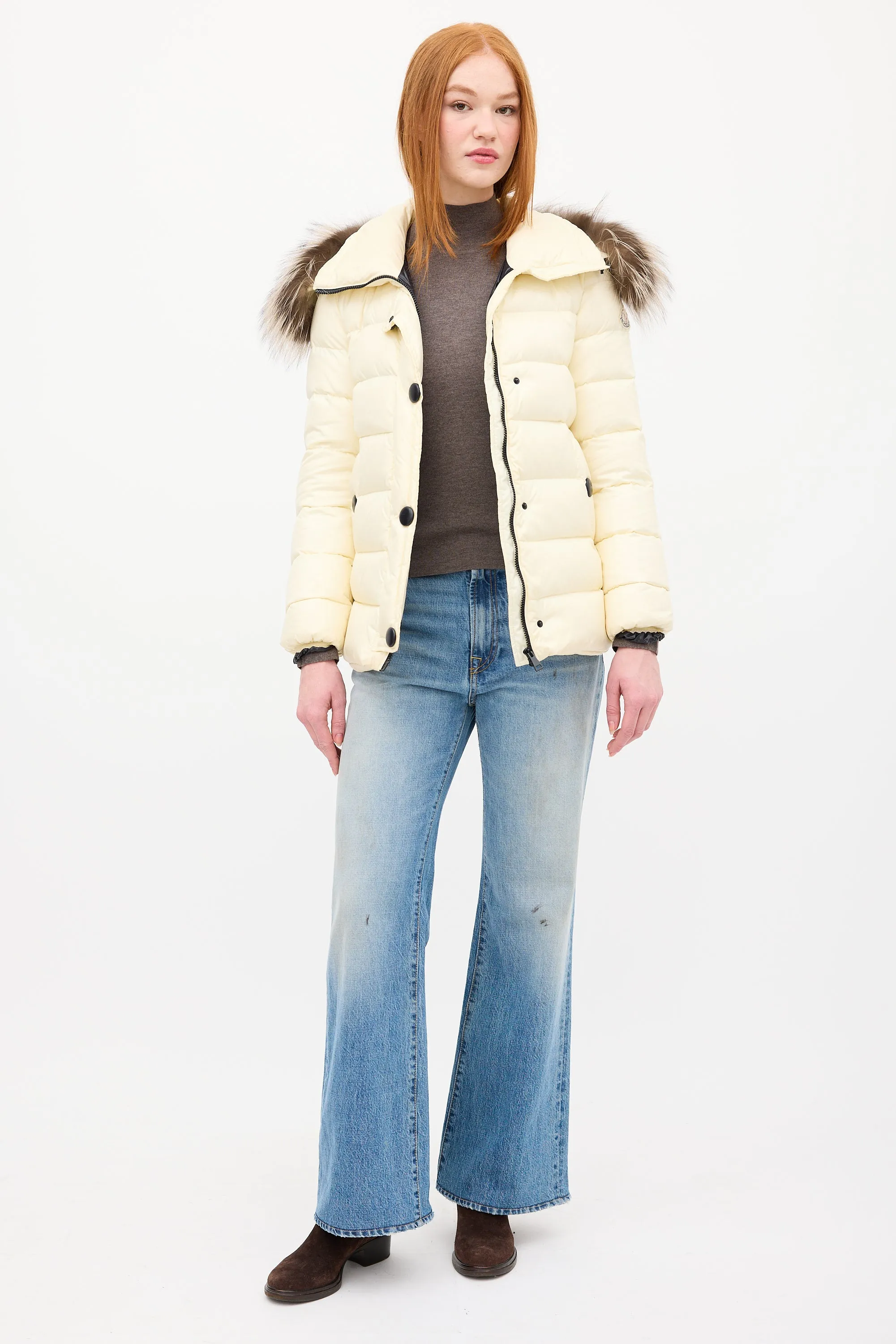 Cream Down & Fur Trim Gelinotte Puffer Jacket