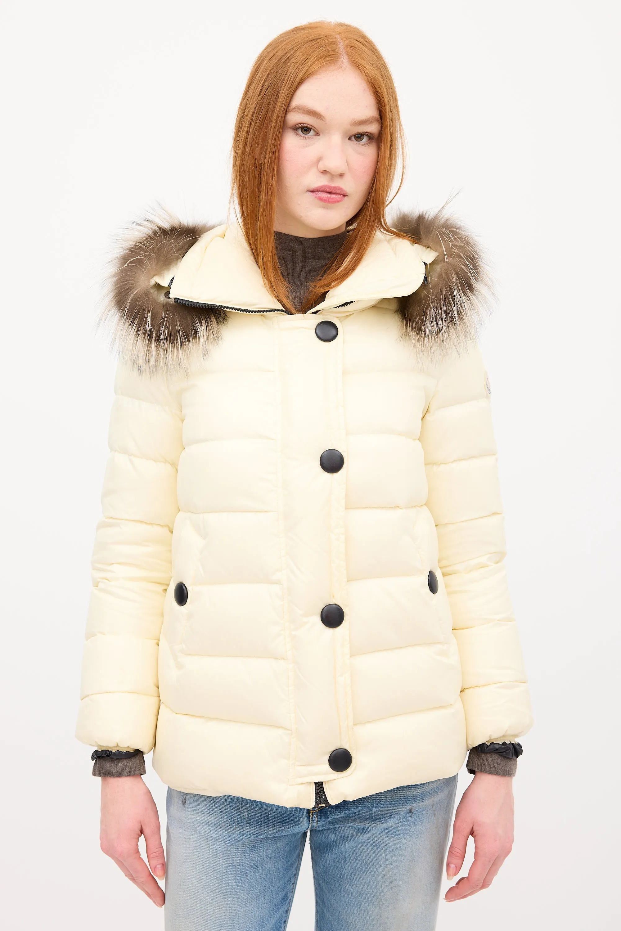 Cream Down & Fur Trim Gelinotte Puffer Jacket