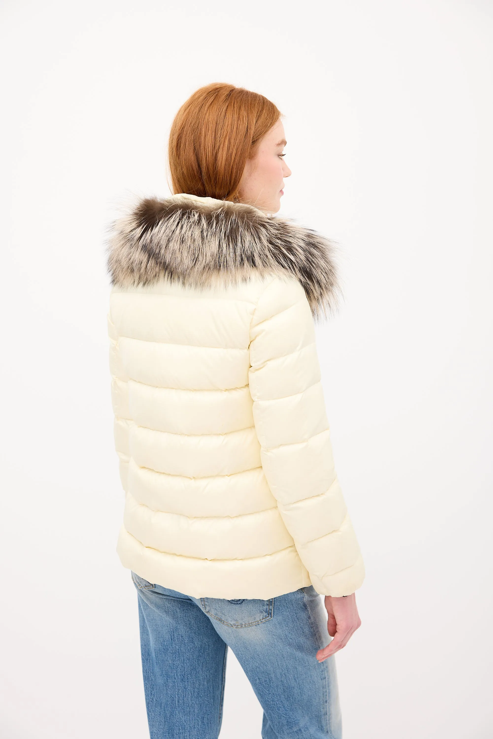 Cream Down & Fur Trim Gelinotte Puffer Jacket