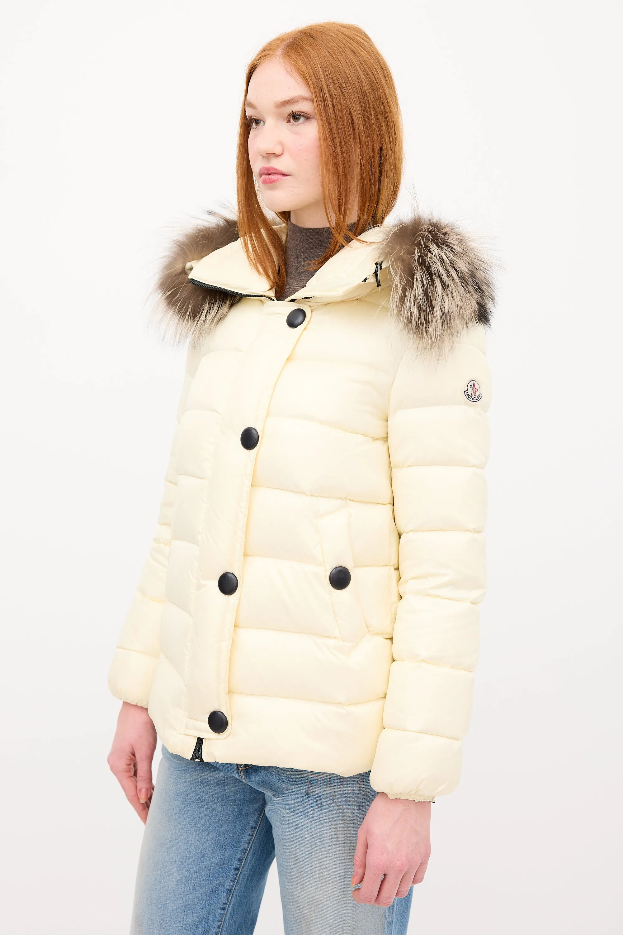 Cream Down & Fur Trim Gelinotte Puffer Jacket