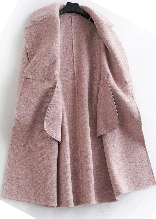 Fine pink Woolen Notched Coat Women oversize mid-length pockets coats