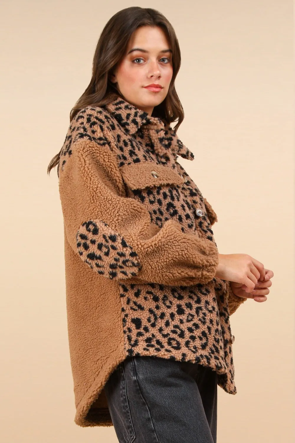 Fiona Fuzzy Leopard Button Down Long Sleeve Jacket