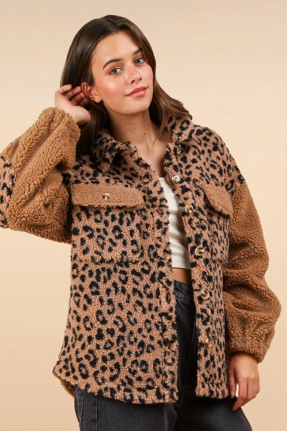 Fiona Fuzzy Leopard Button Down Long Sleeve Jacket