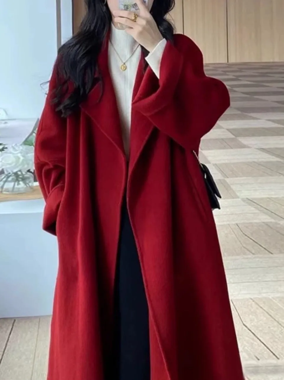 Girlary-shop barn jacket outfits Red Woolen Coat Women's Mid-Length 2024 Spring and Autumn New Loose Woolen Coat