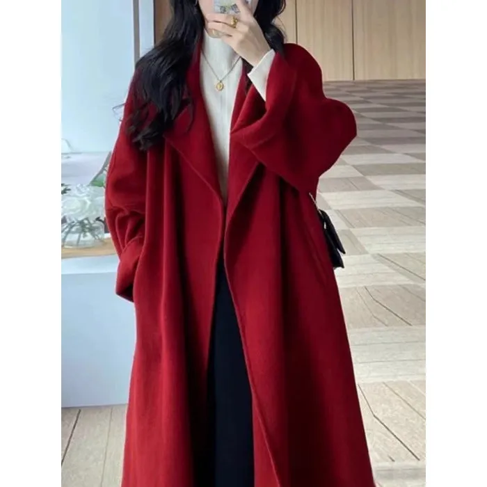 Girlary-shop barn jacket outfits Red Woolen Coat Women's Mid-Length 2024 Spring and Autumn New Loose Woolen Coat