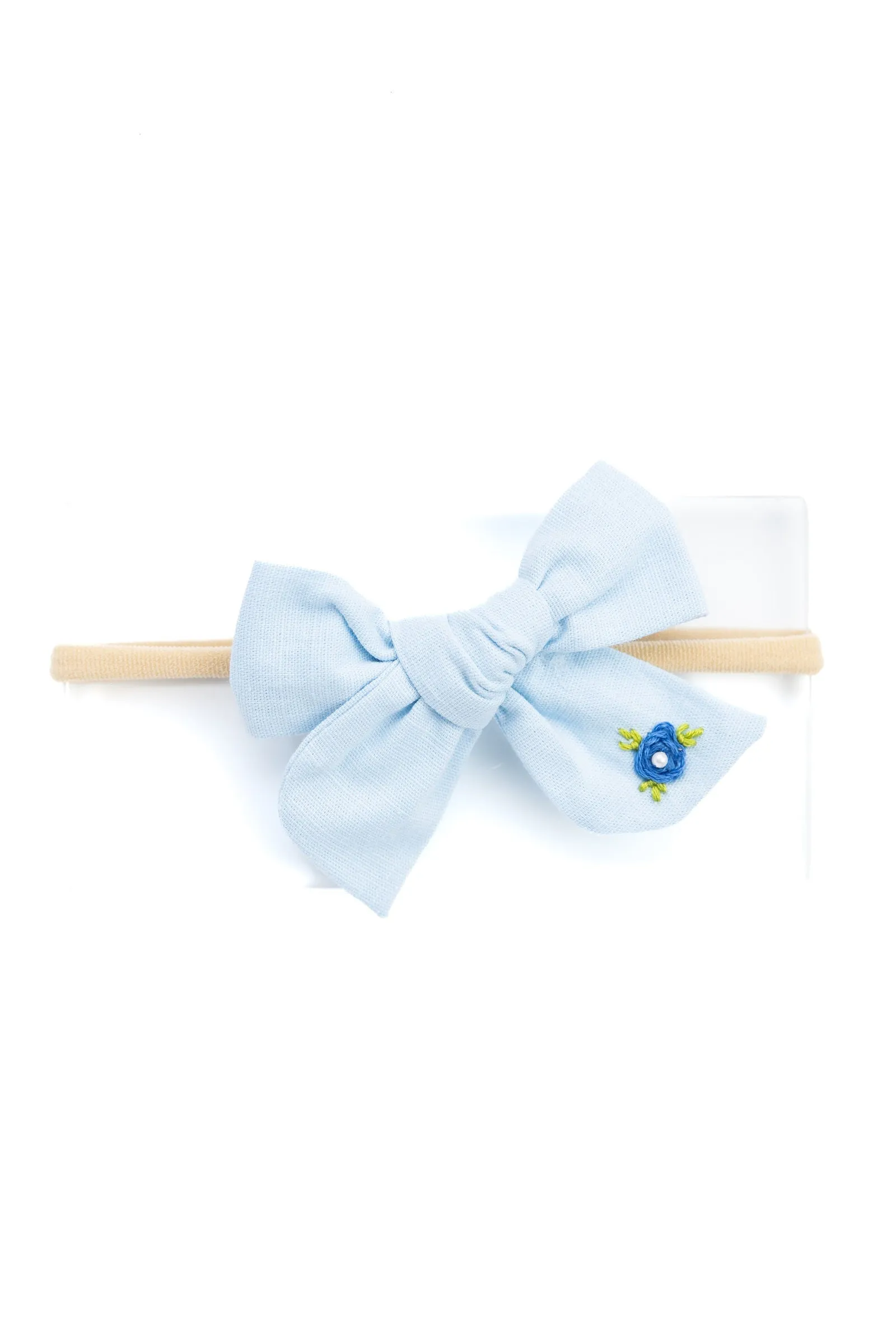 Girls Embroidered School Bow Headband- Light Blue