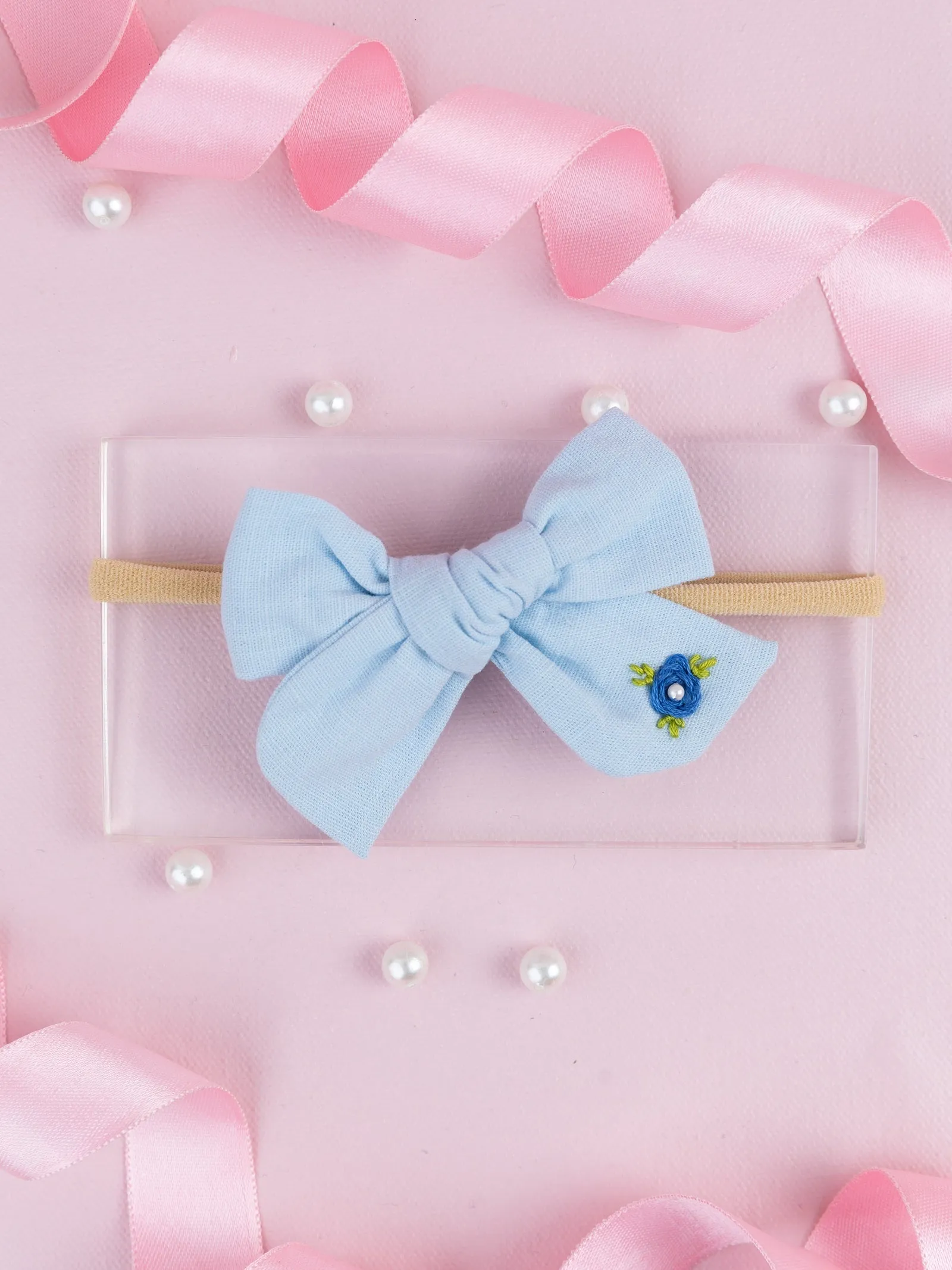 Girls Embroidered School Bow Headband- Light Blue