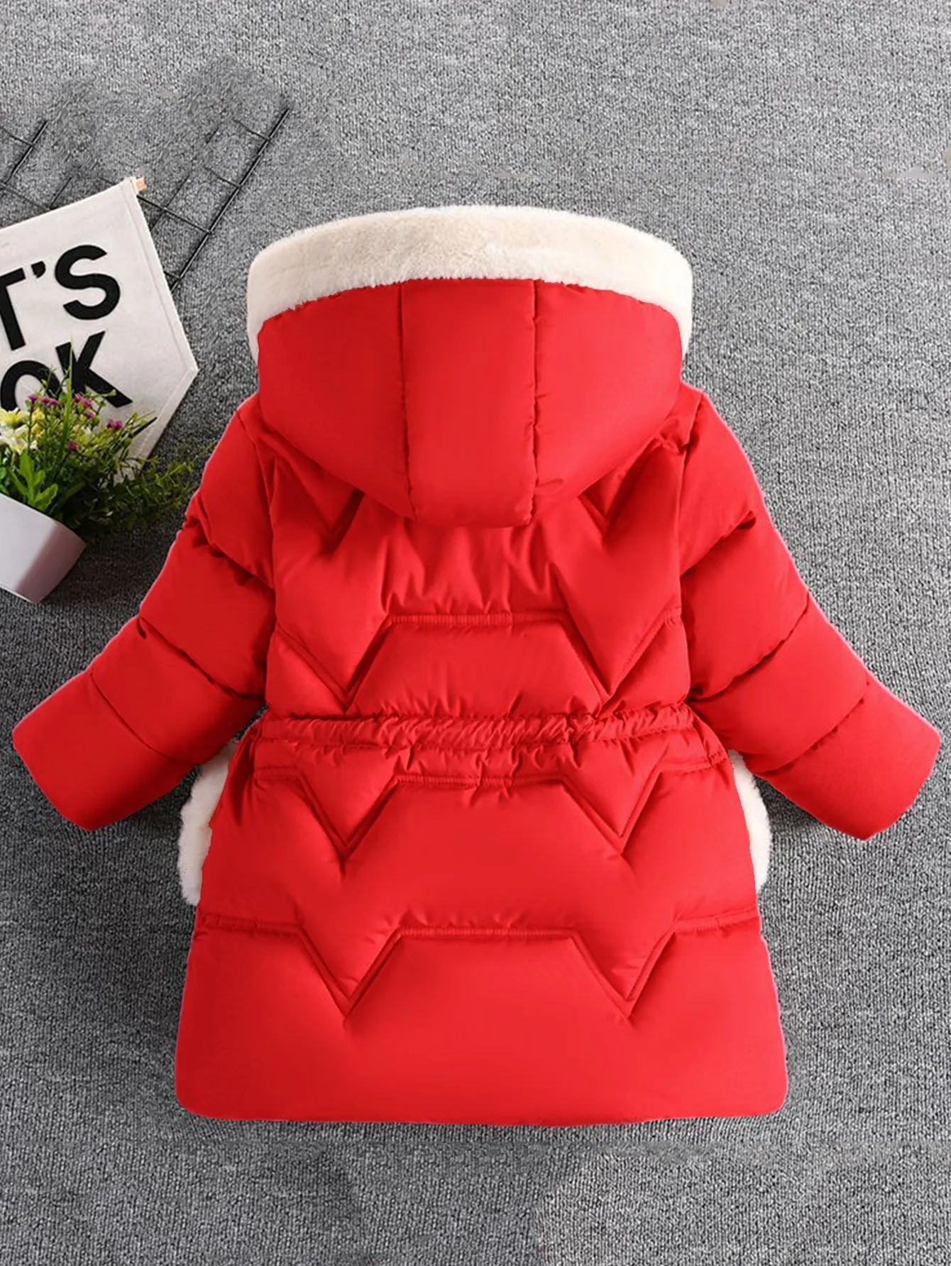 Girls' mid-length thick cotton coat with gloves (gloves can be removed)