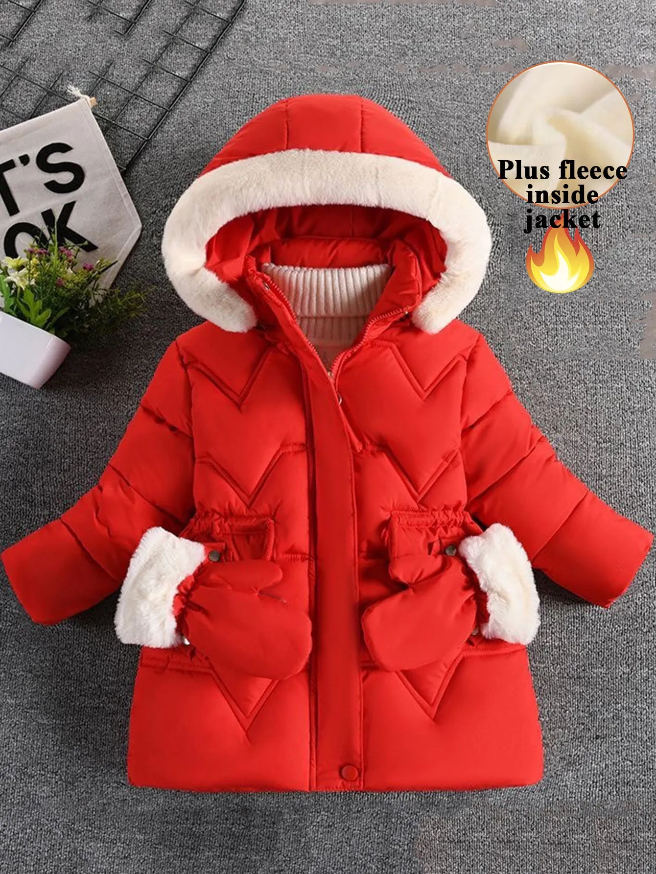 Girls' mid-length thick cotton coat with gloves (gloves can be removed)