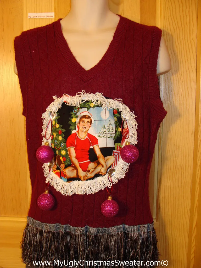 Hottie Guy Tacky Ugly Christmas Mens Sweater Vest Dangling Fringe & 3D Ornaments (b35)