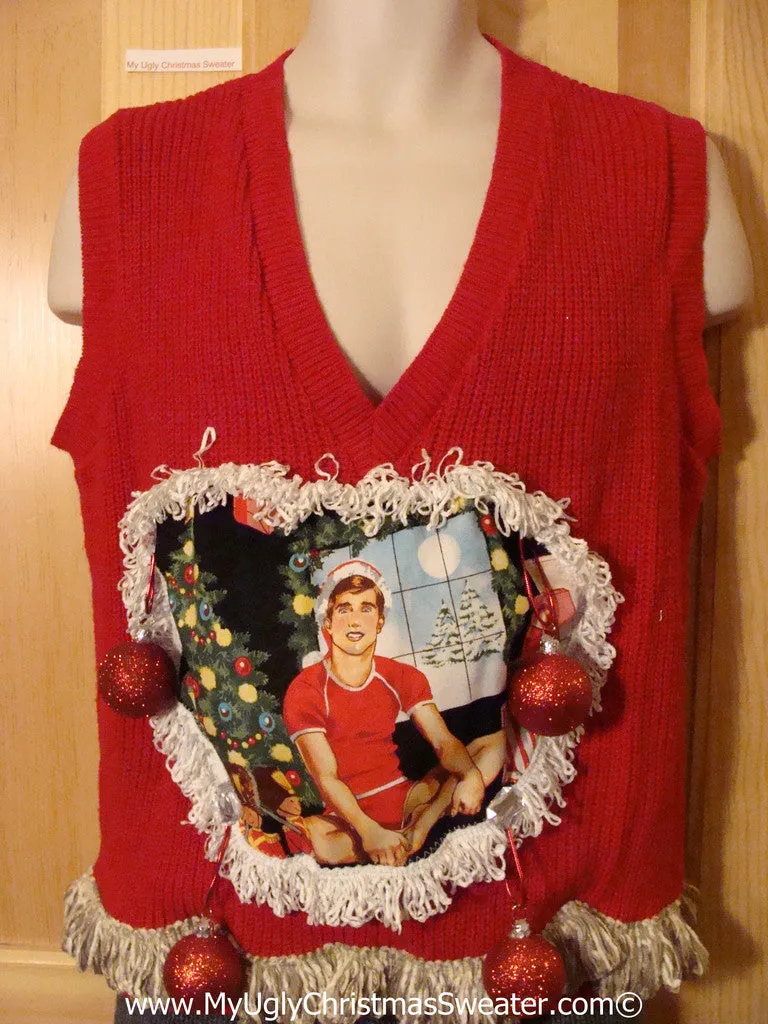 Hottie Guy Tacky Ugly Christmas Mens Sweater Vest Dangling Fringe & 3D Ornaments (b36)