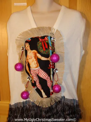 Hottie Guy Tacky Ugly Christmas Mens Sweater Vest Dangling Fringe & 3D Ornaments (b44)