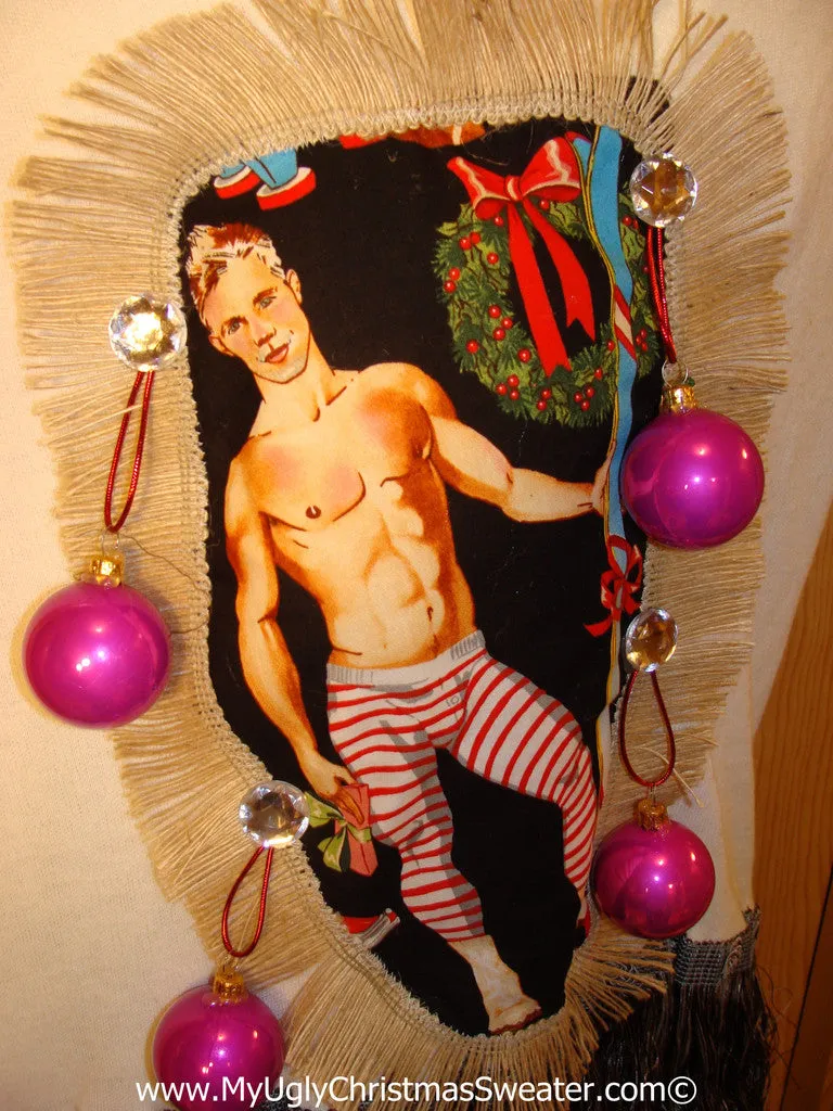 Hottie Guy Tacky Ugly Christmas Mens Sweater Vest Dangling Fringe & 3D Ornaments (b44)