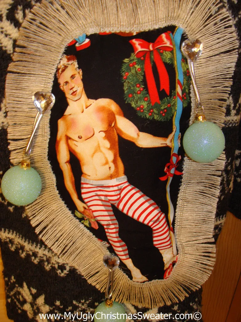 Hottie Guy Tacky Ugly Christmas Sweater Dangling Fringe & 3D Ornaments (b54)