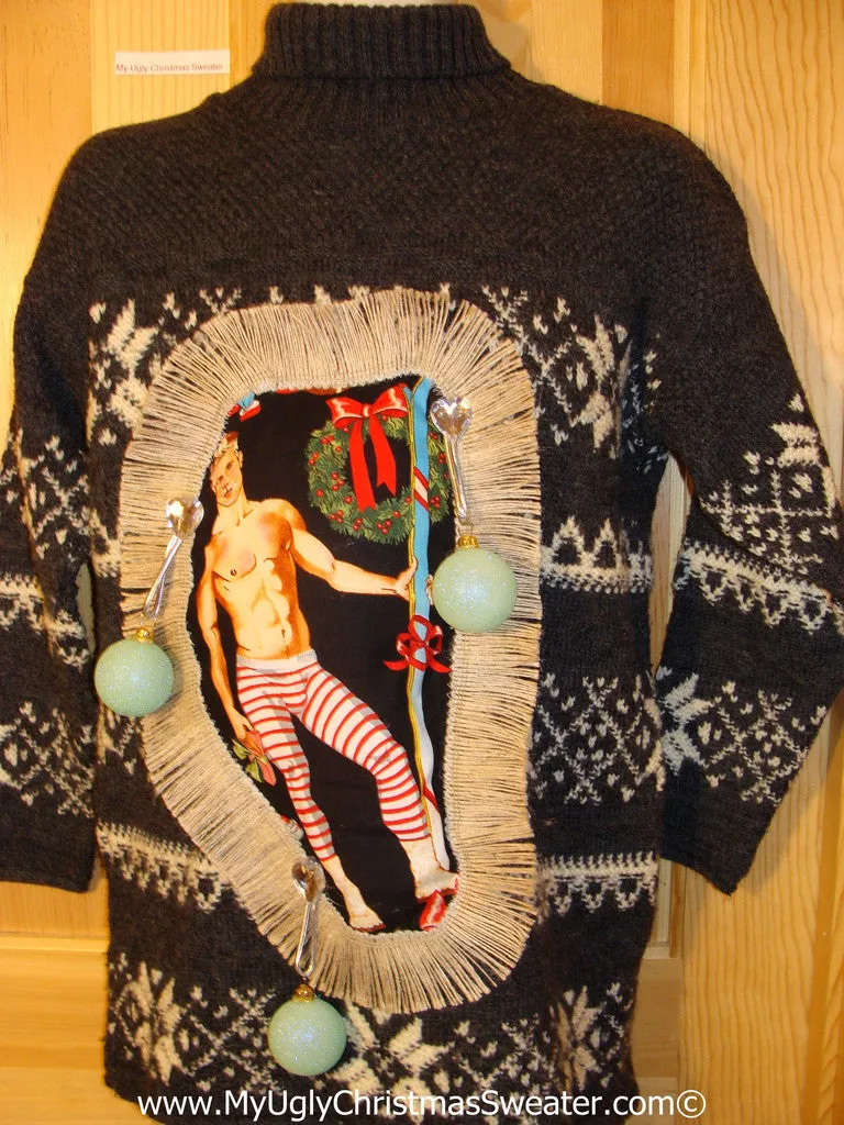 Hottie Guy Tacky Ugly Christmas Sweater Dangling Fringe & 3D Ornaments (b54)