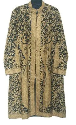 Kashmiri Woolen Coat Black, Olive Embroidery #AO-128