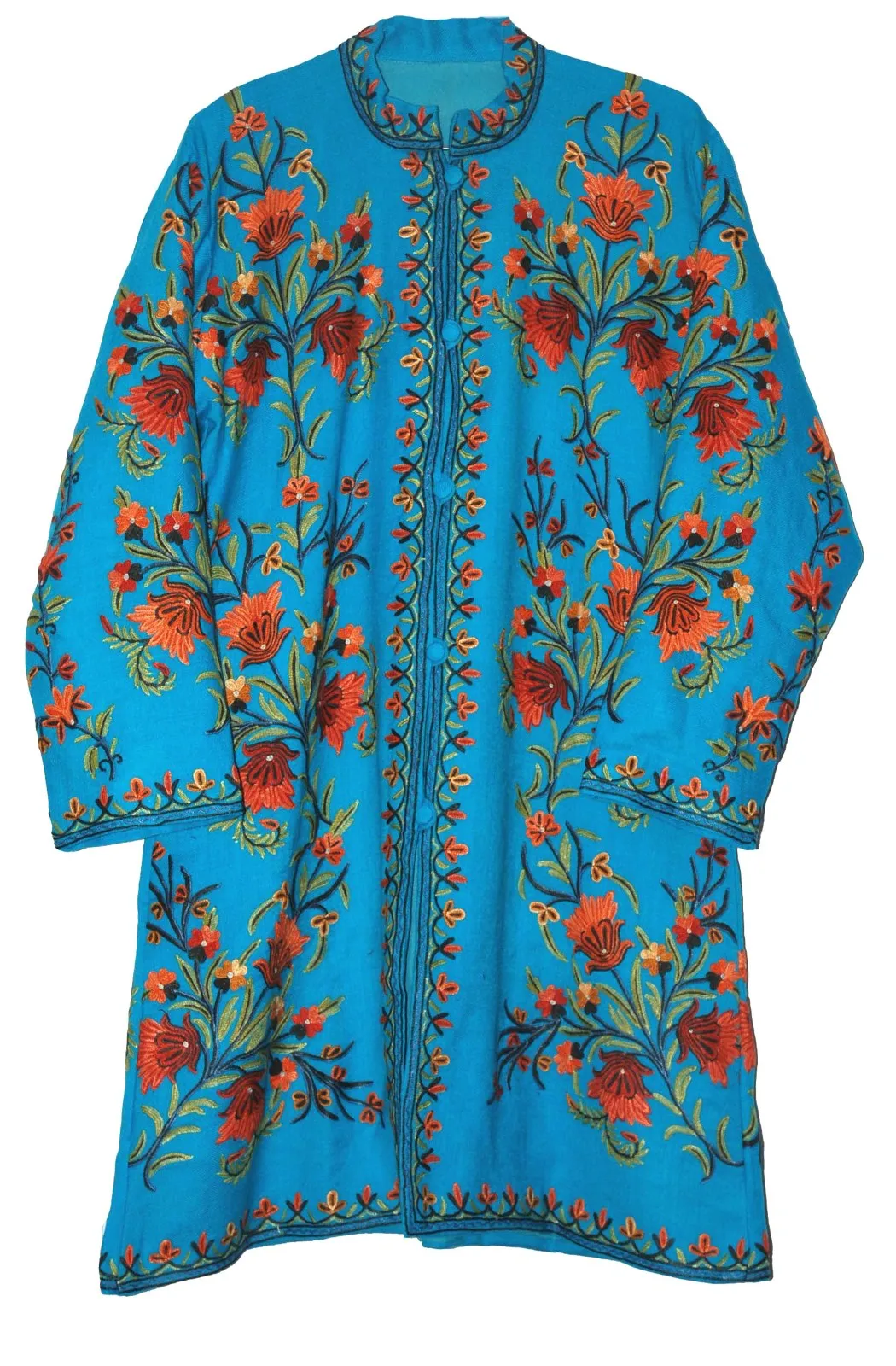 Kashmiri Woolen Coat Sky Blue, Rust Embroidery #AO-175