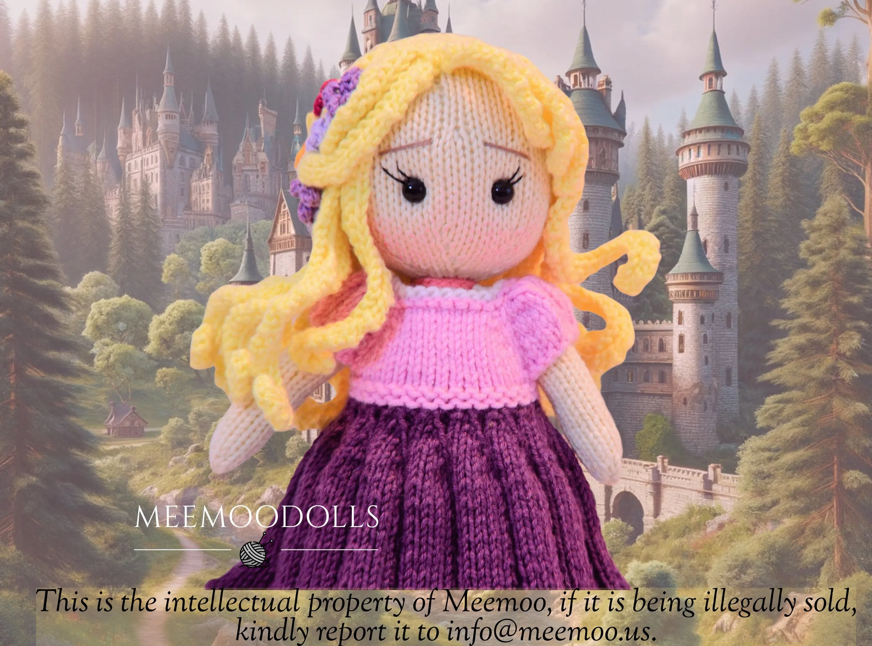 Knit Golden Hair princess. Knitted toy Patterns. Meemoodolls.