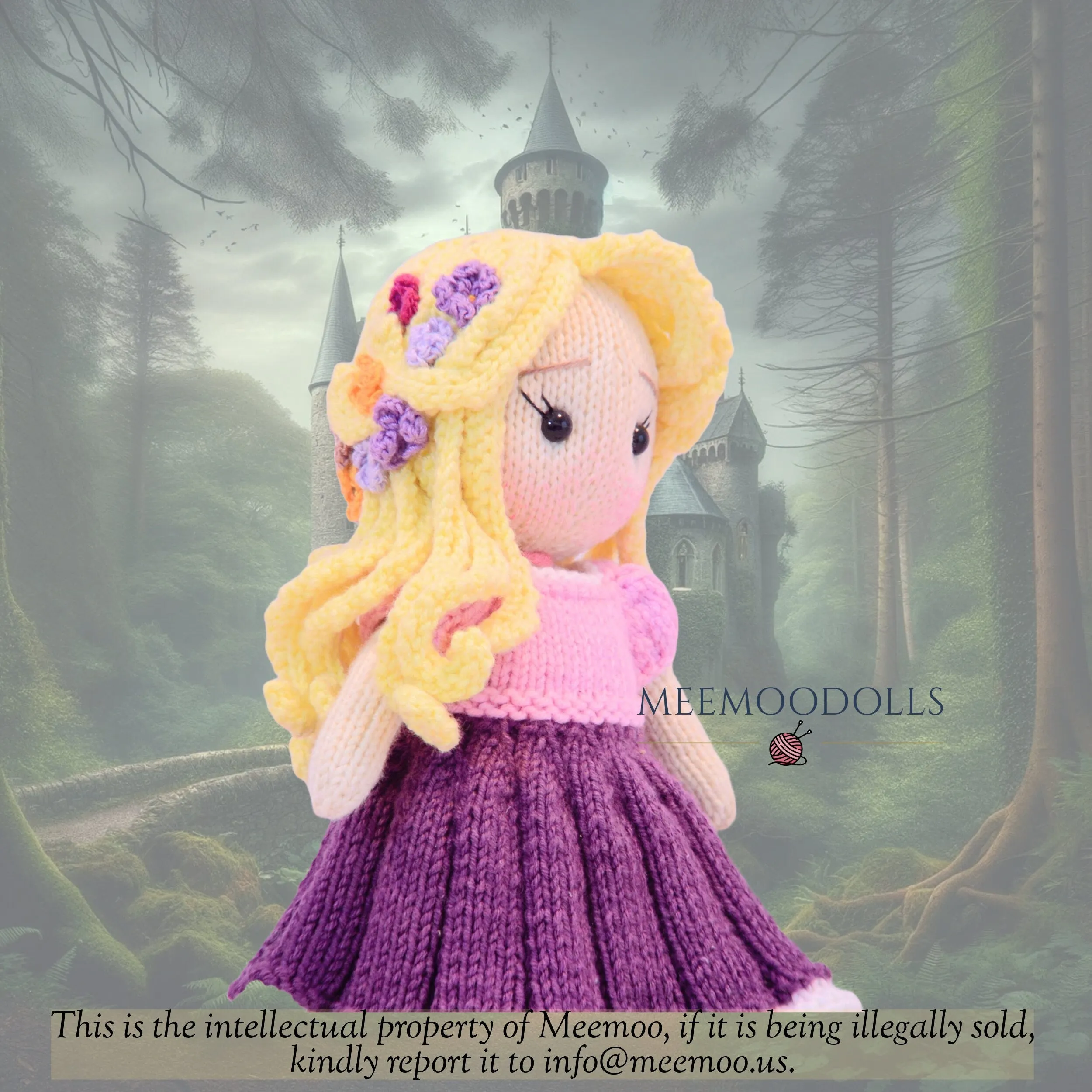 Knit Golden Hair princess. Knitted toy Patterns. Meemoodolls.