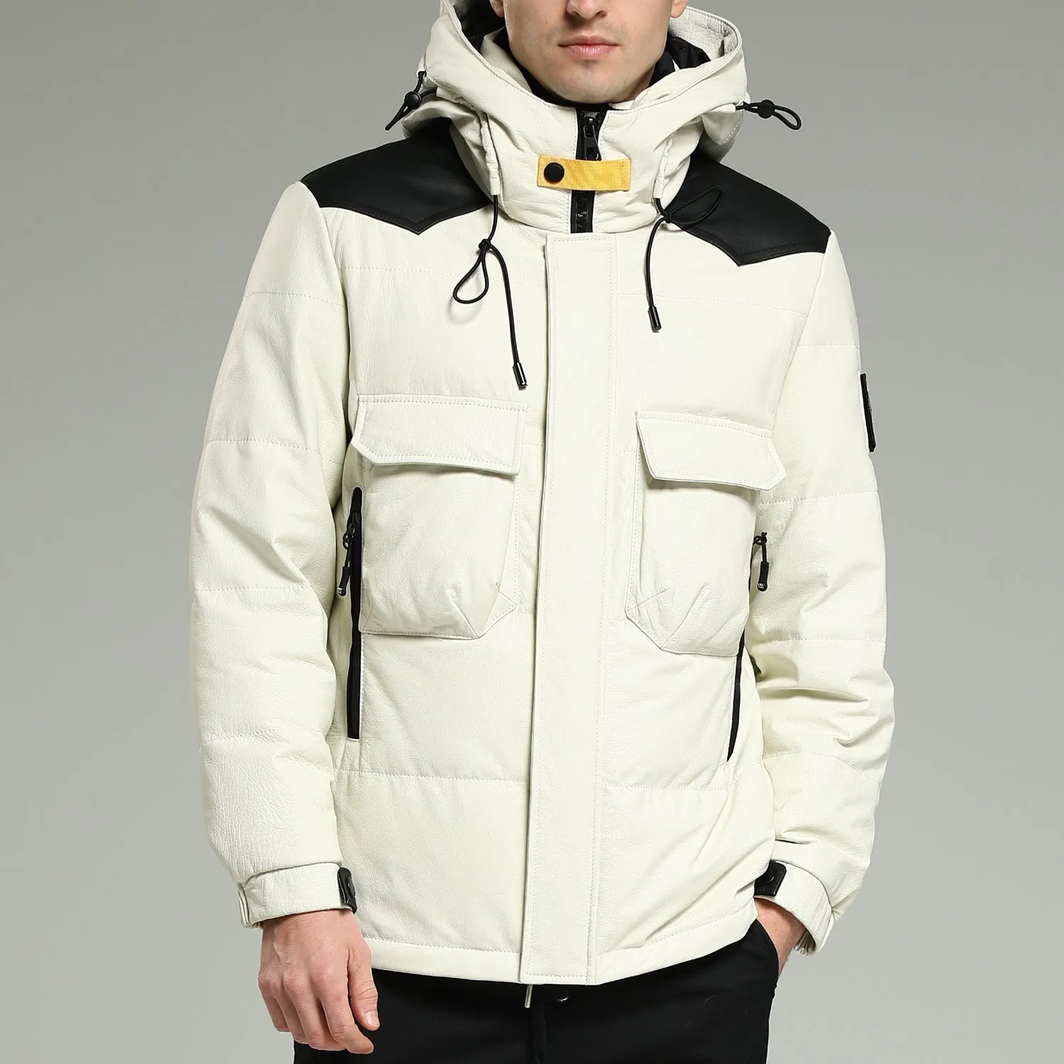 Leather Down Jackets - Luxurious Warm White Hooded Leather Down Jacket