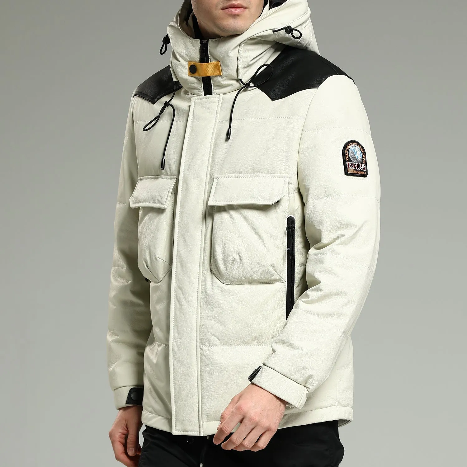 Leather Down Jackets - Luxurious Warm White Hooded Leather Down Jacket