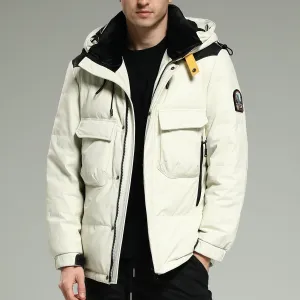 Leather Down Jackets - Luxurious Warm White Hooded Leather Down Jacket