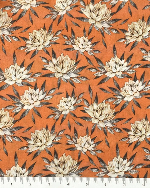 Melon Orange Water Lily Print Fabric | Cotton Lawn Shirting 44W