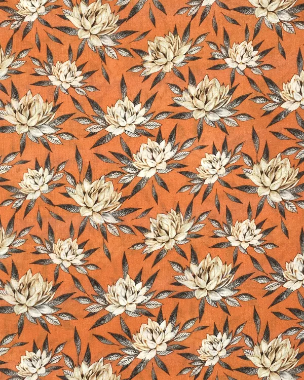 Melon Orange Water Lily Print Fabric | Cotton Lawn Shirting 44W