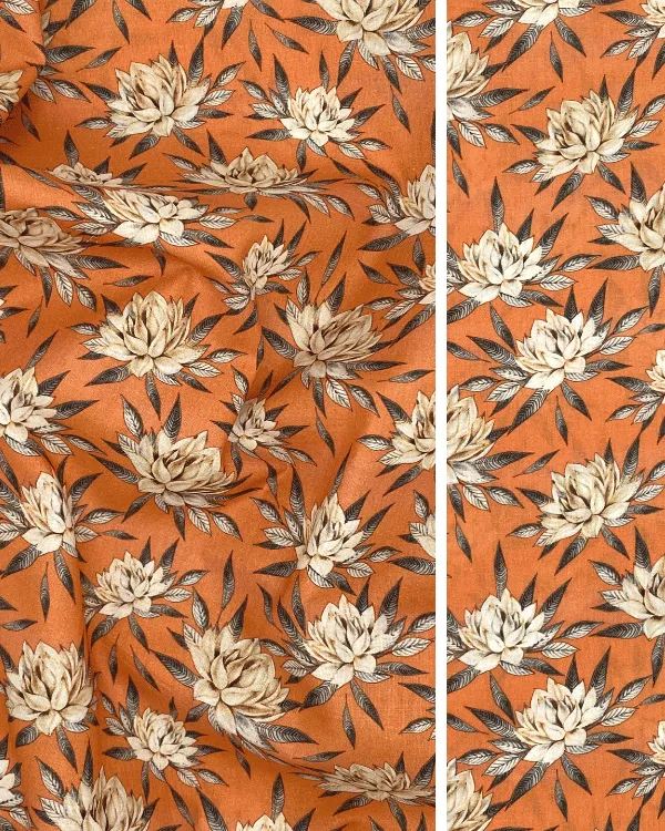 Melon Orange Water Lily Print Fabric | Cotton Lawn Shirting 44W