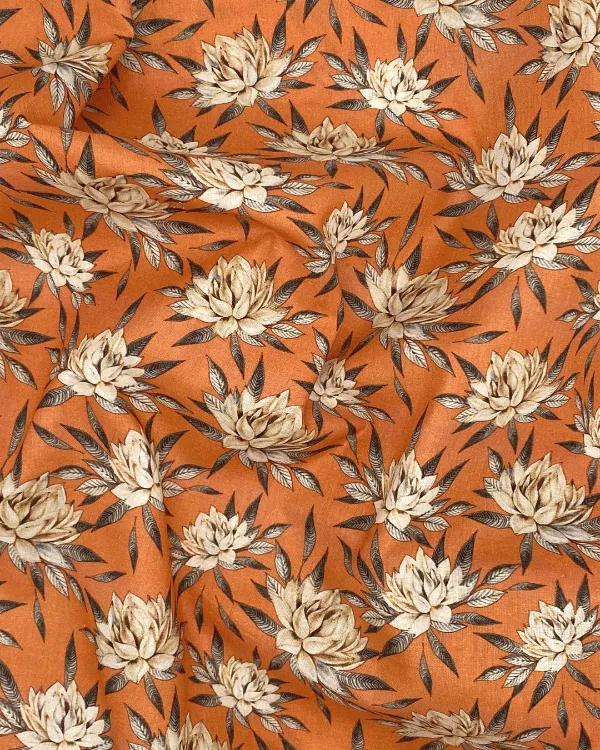 Melon Orange Water Lily Print Fabric | Cotton Lawn Shirting 44W