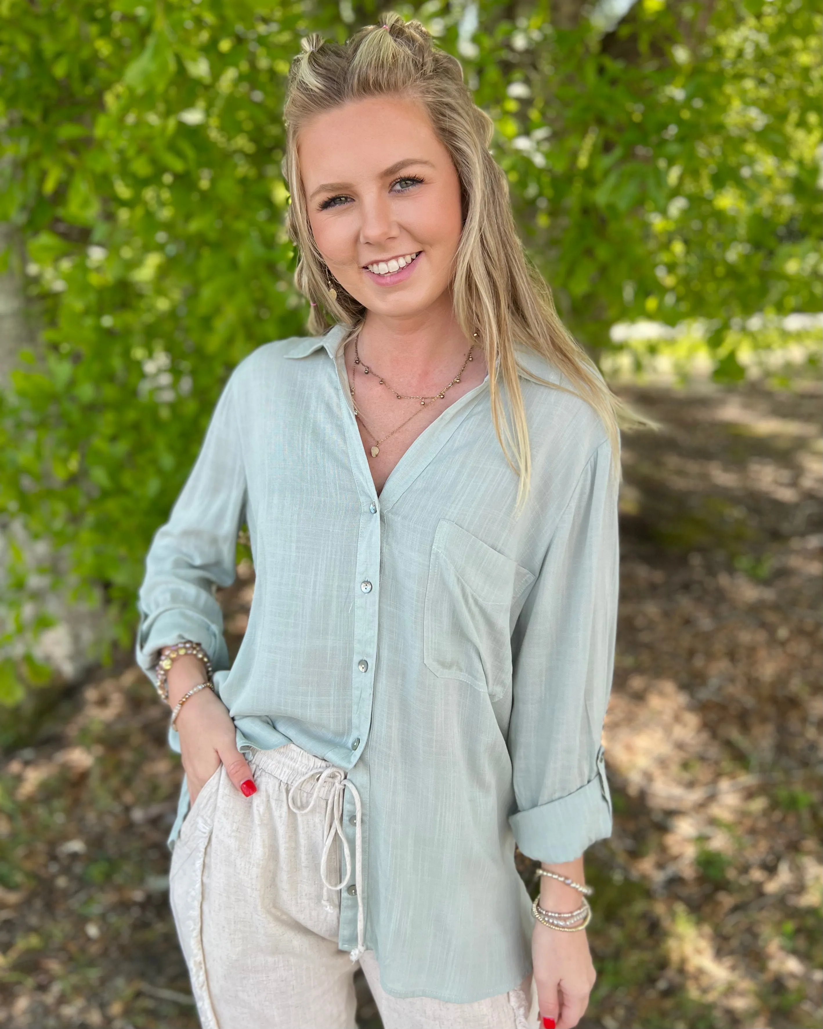 No Stories Pistachio Button Up Top