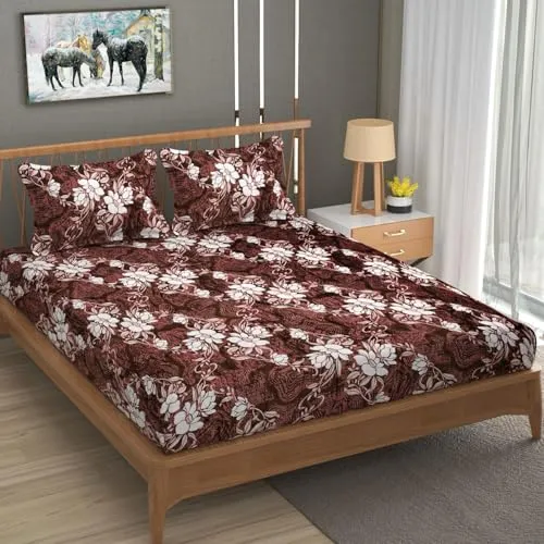 Nt@ub Premium Woolen Elastic Fitted Double Bedsheets with 2 King Size Pillow Covers | Double Bed with All Around Elastic 210 TC Supersoft | (72"x78") (Brown)