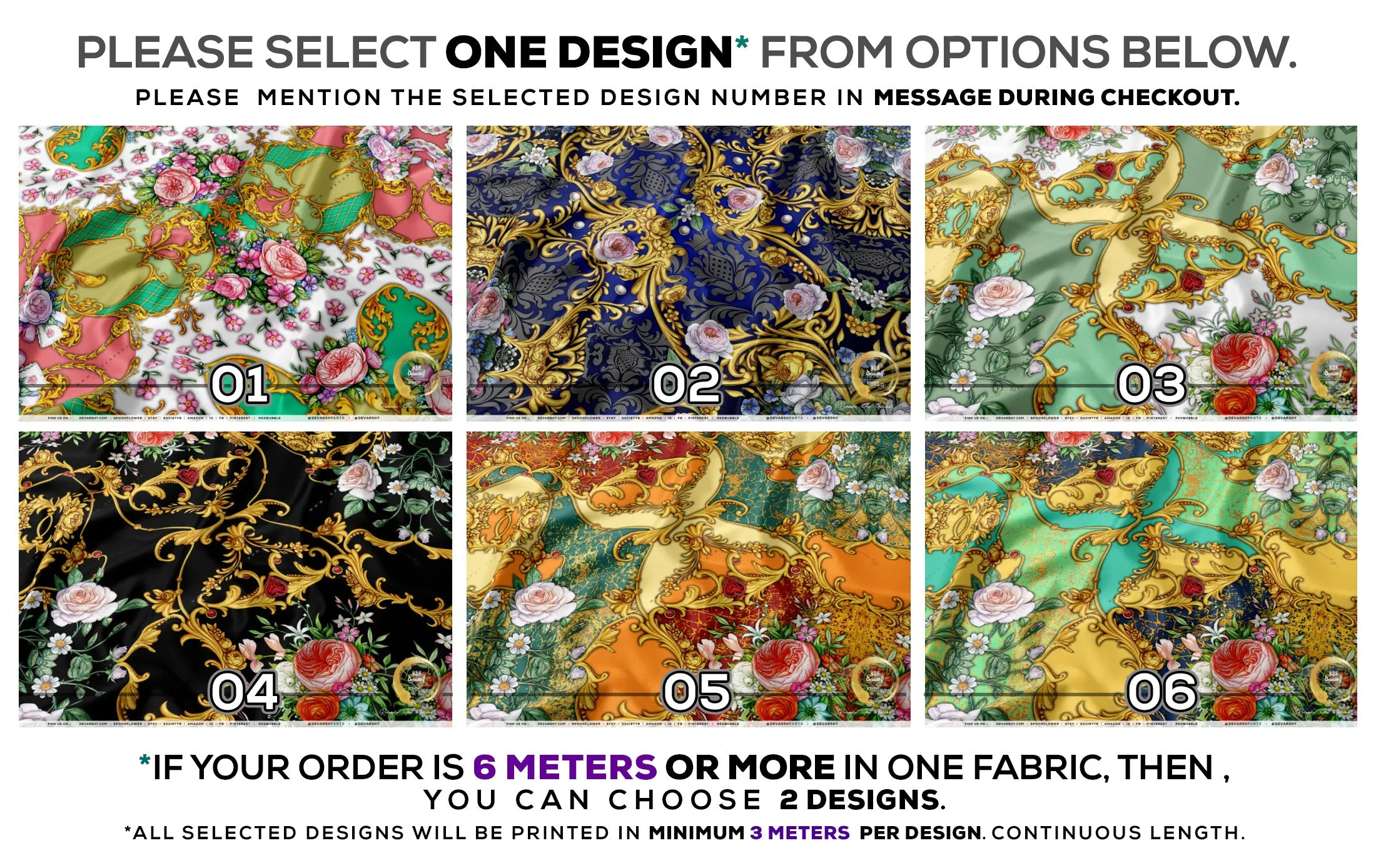 Ornate Florals Apparel Fabric 3Meters , 6 Designs | 8 Fabrics Option | Baroque Fabric By the Yard | 044