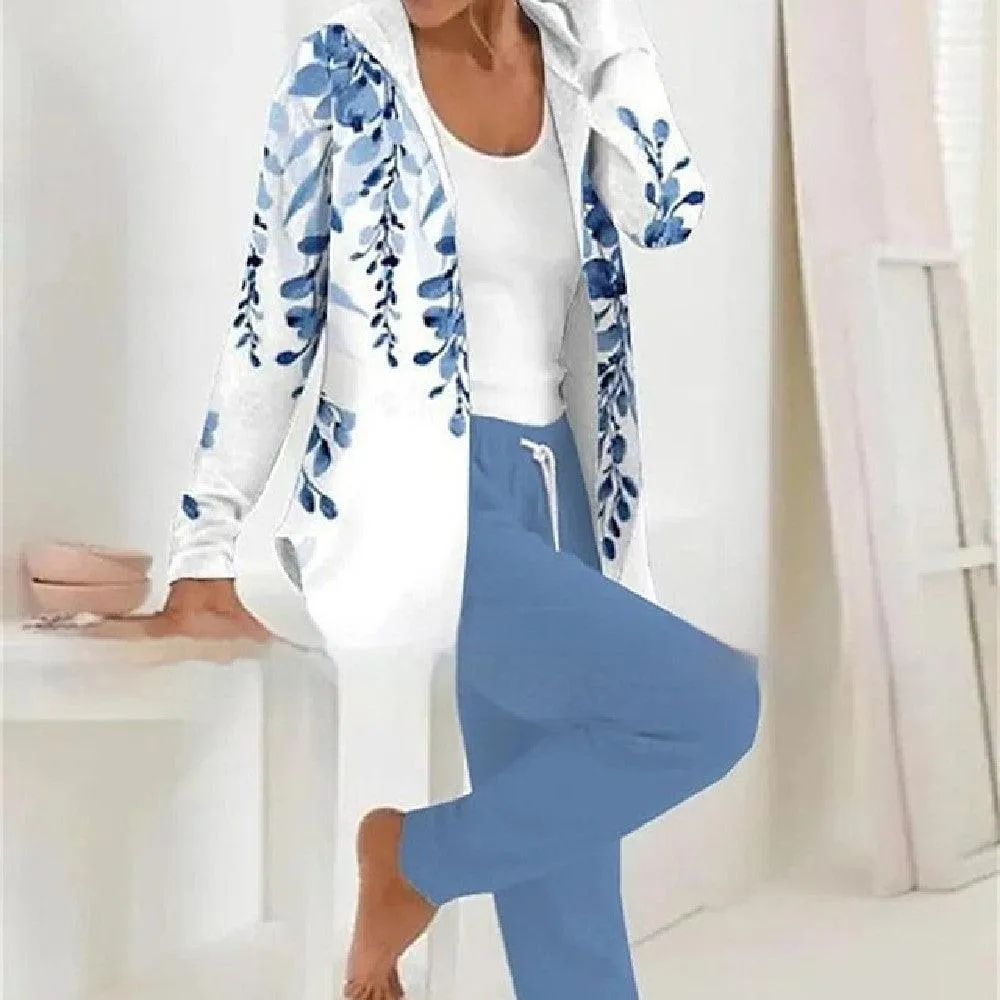 Printed Cardigan Coat Solid Color Two-piece Pants