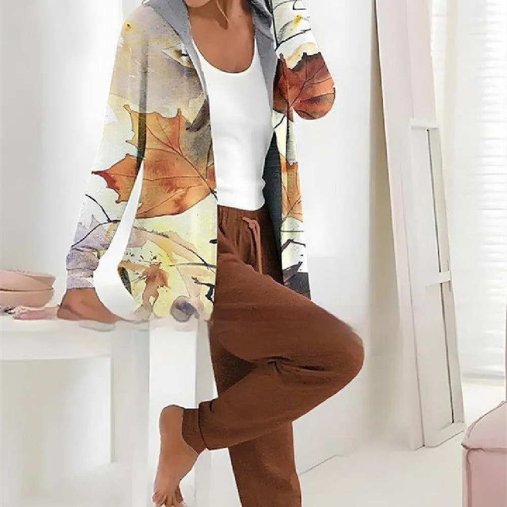 Printed Cardigan Coat Solid Color Two-piece Pants