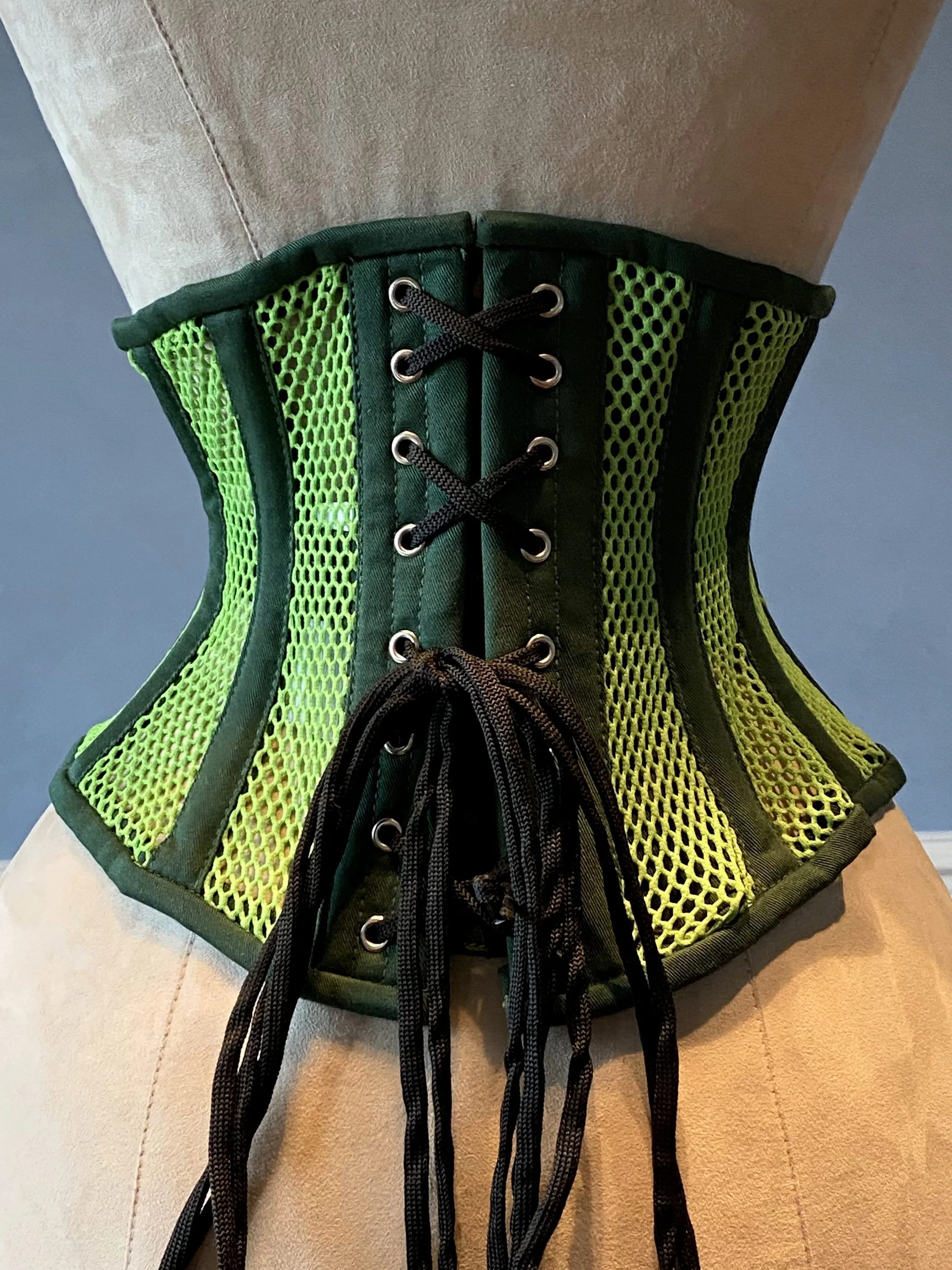 Real steel boned underbust underwear green corset from transparent mesh and cotton. Real waist training corset for tight lacing.