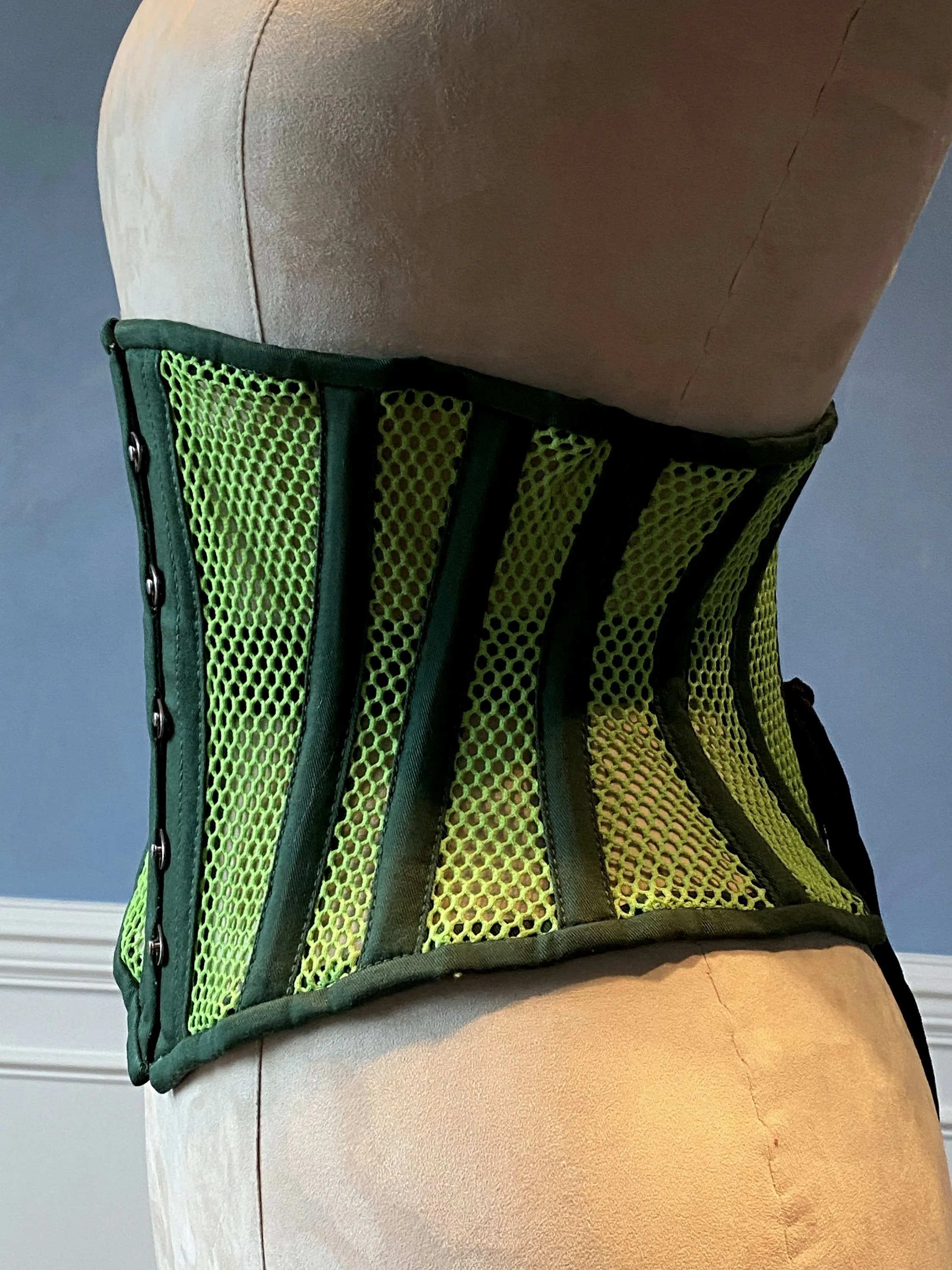 Real steel boned underbust underwear green corset from transparent mesh and cotton. Real waist training corset for tight lacing.