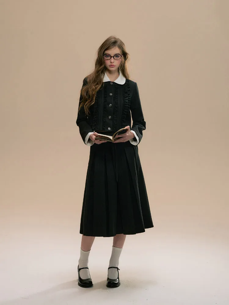 Ruffle Trim Woolen Coat & Pleated Skirt Set