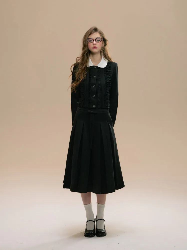 Ruffle Trim Woolen Coat & Pleated Skirt Set