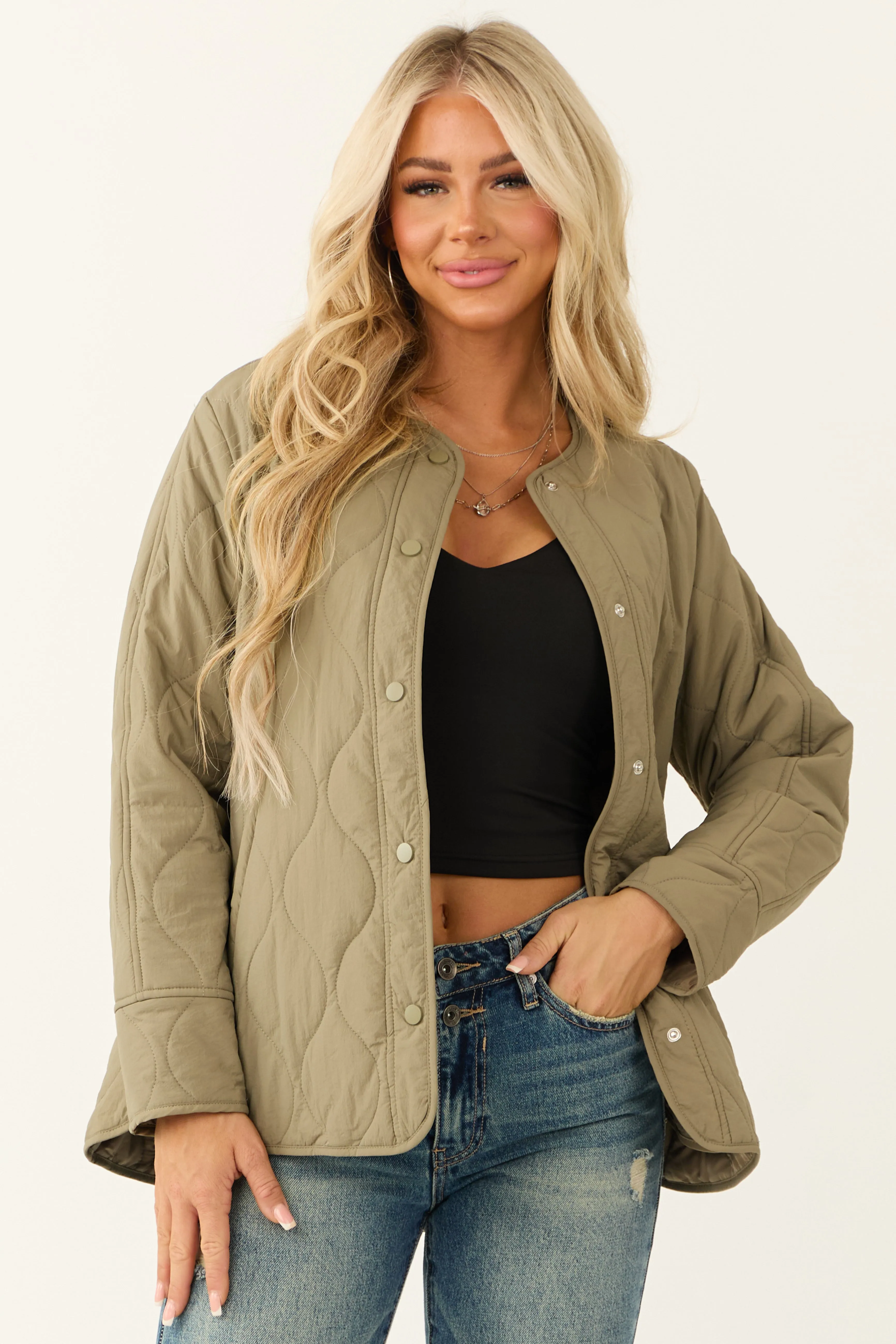 She Sky Olive Long Sleeve Button Down Quilted Jacket