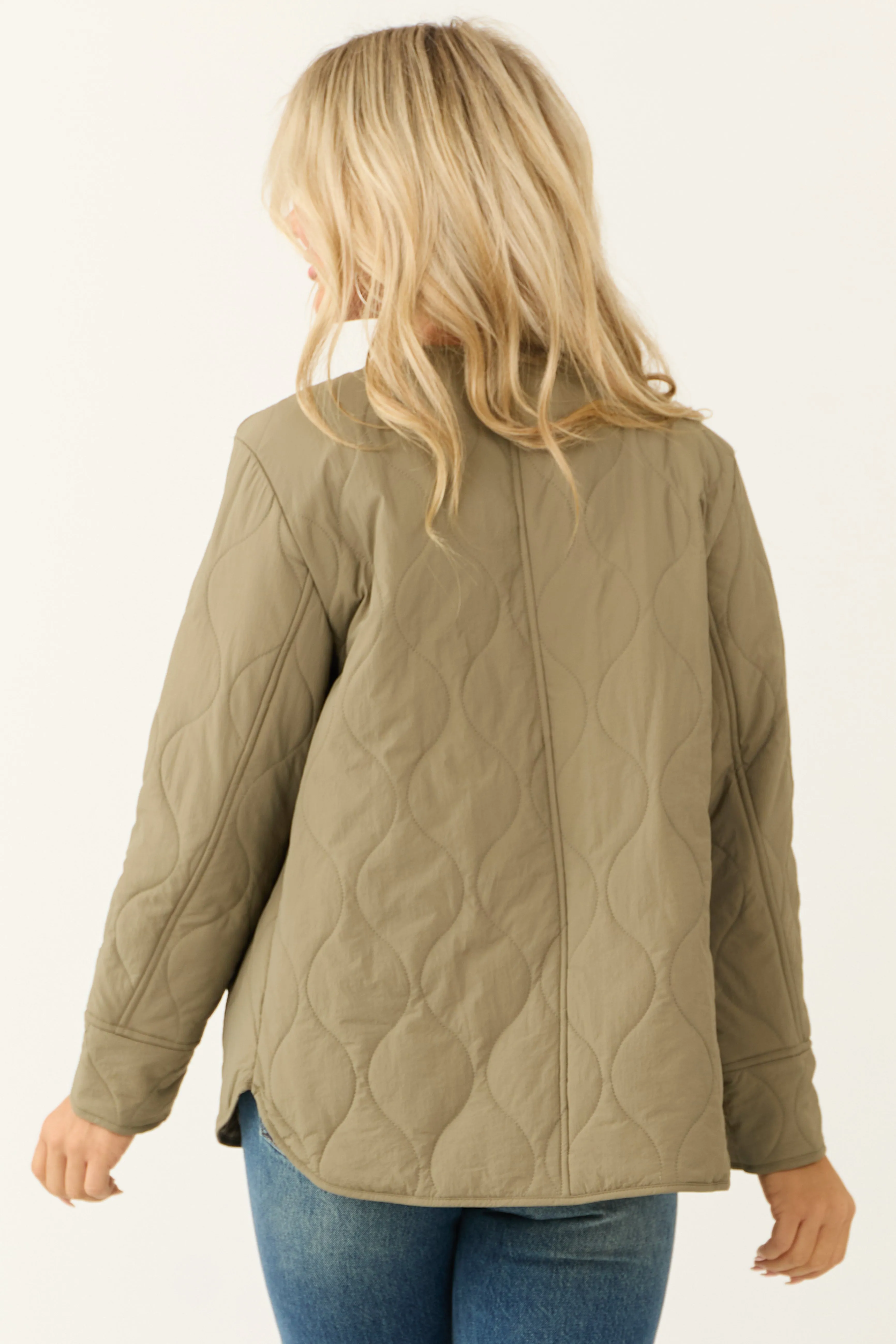 She Sky Olive Long Sleeve Button Down Quilted Jacket