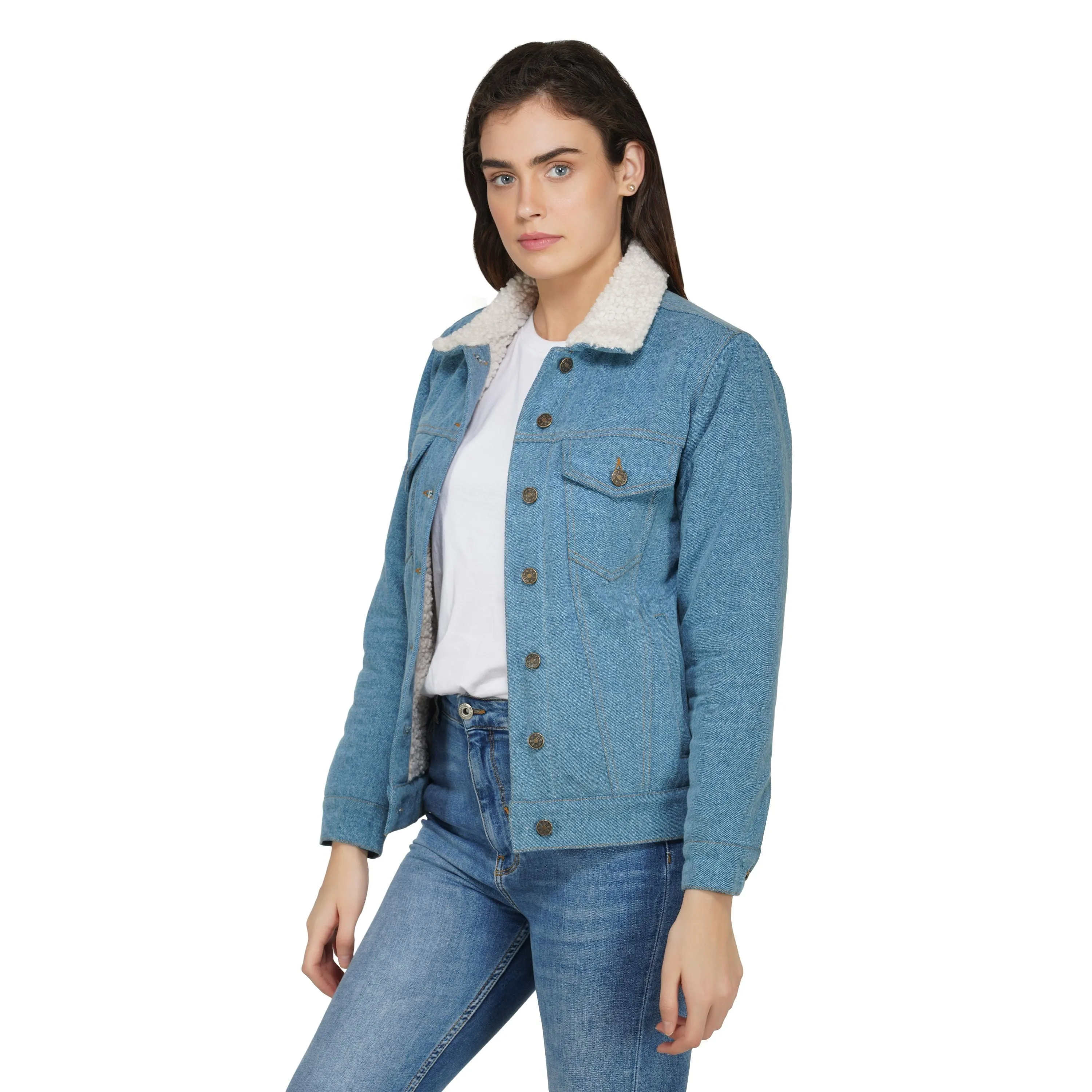 SLAY. Embroidered Women's Enzyme Washed Denim Jacket with Faux-fur Lining