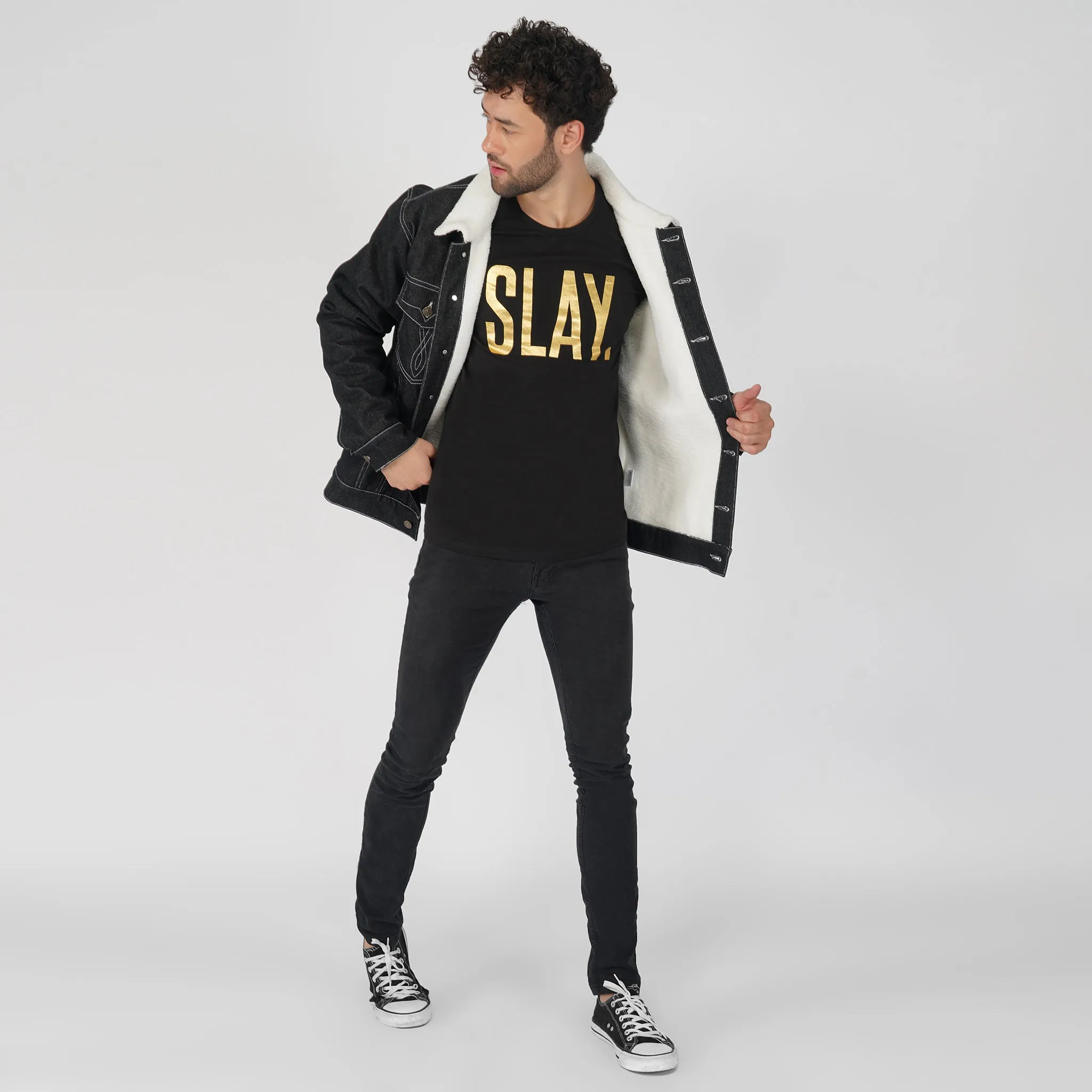 SLAY. Men's Full Sleeves Black Solid Embroidered Button-Down Black Denim Jacket with Faux-fur Lining