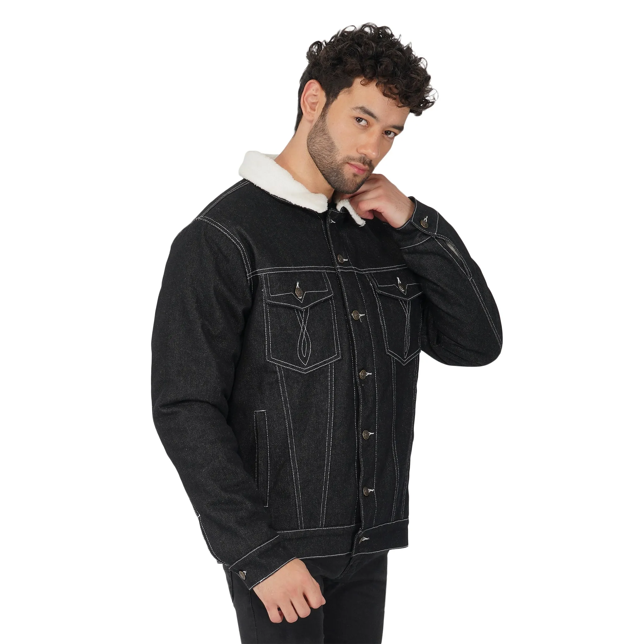 SLAY. Men's Full Sleeves Black Solid Embroidered Button-Down Black Denim Jacket with Faux-fur Lining