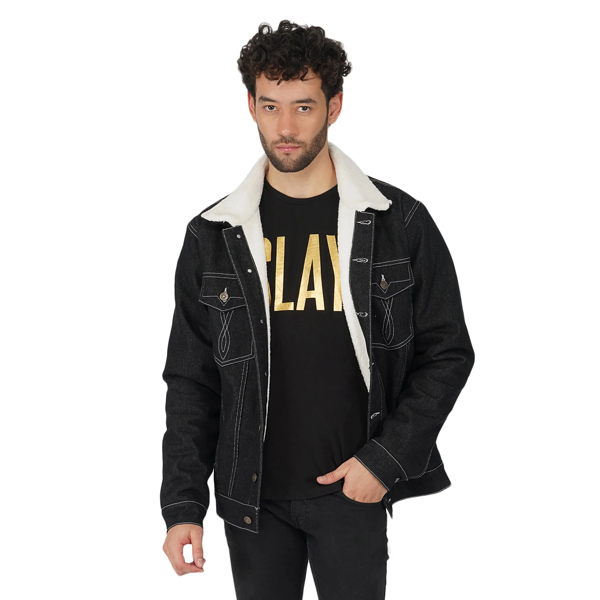 SLAY. Men's Full Sleeves Black Solid Embroidered Button-Down Black Denim Jacket with Faux-fur Lining